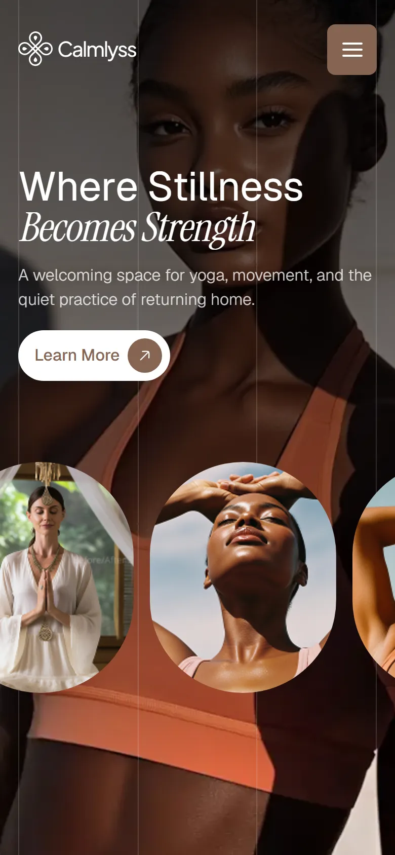 Calmlyss homepage on a mobile phone with collapsed navigation
