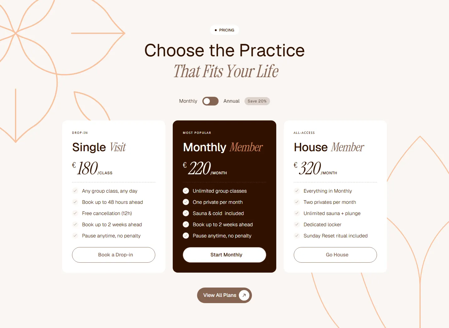 Calmlyss pricing section with drop-in, monthly and all-access membership plans