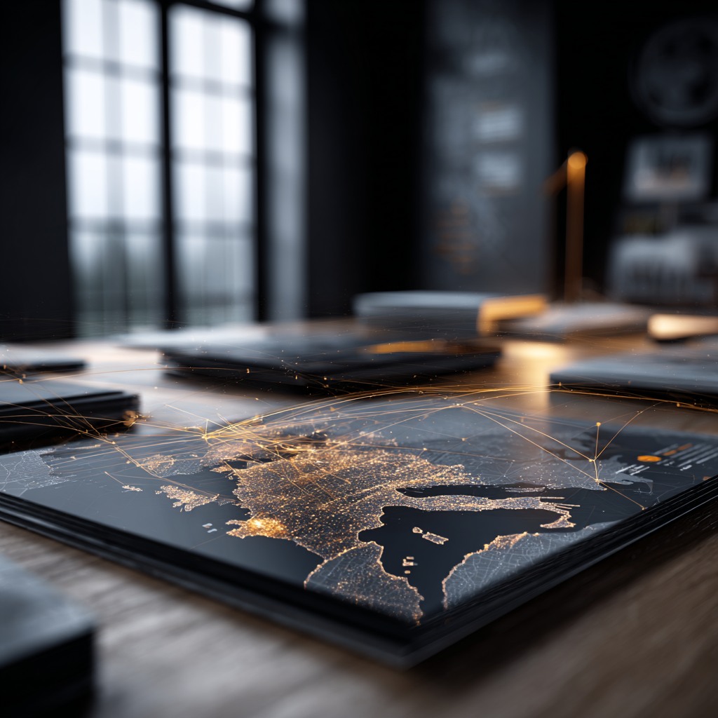 Digital map on a table showing illuminated city lights and network connections in a dark room with window light.