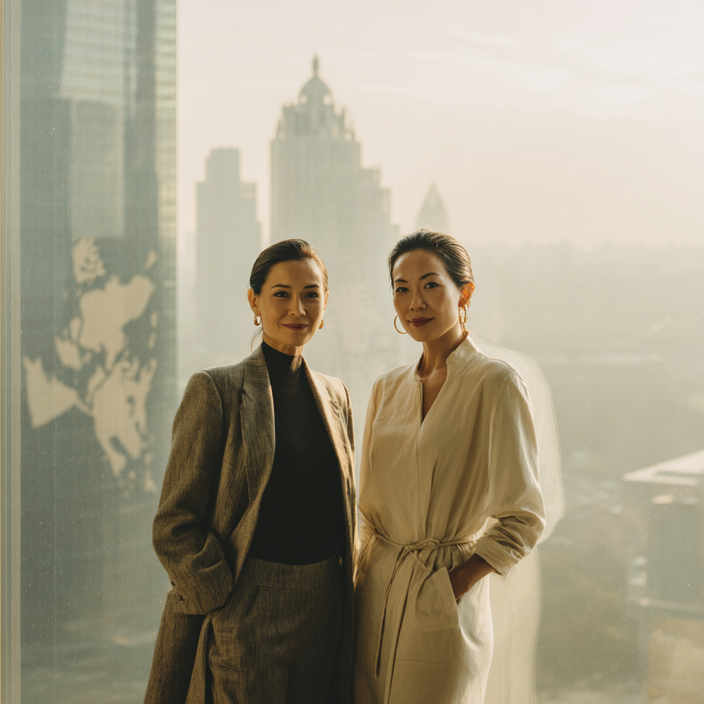 Two professional women standing indoors near a window with a city skyline in the background, both wearing elegant business attire.