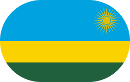 Flag of Rwanda with blue, yellow, and green horizontal stripes and a yellow sun with rays in the top right corner.