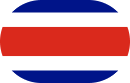 Oval-shaped Costa Rica flag with blue, white, and red horizontal stripes.