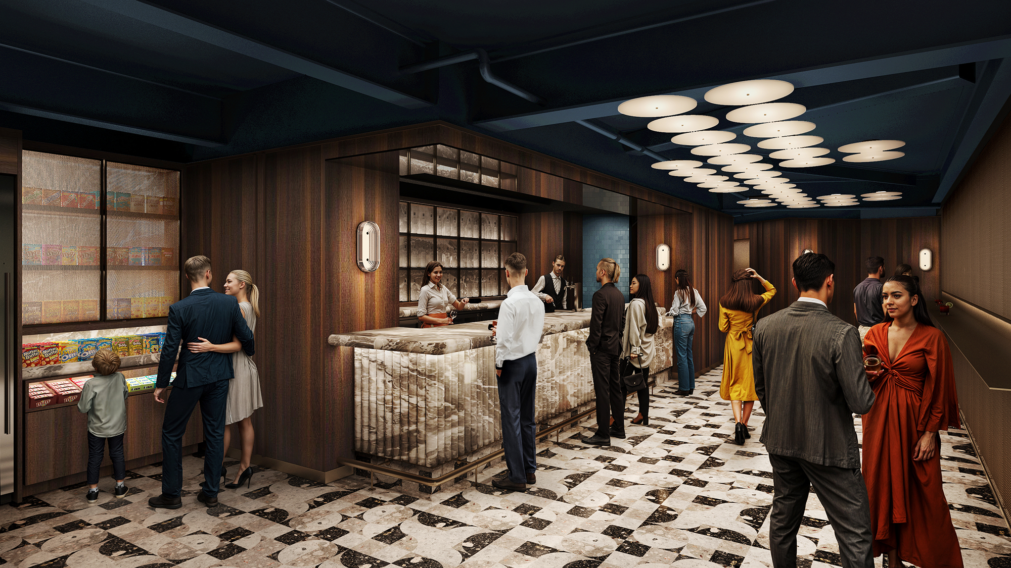 Rendering of the Northeast Club hospitality area with booth seating and a bar area