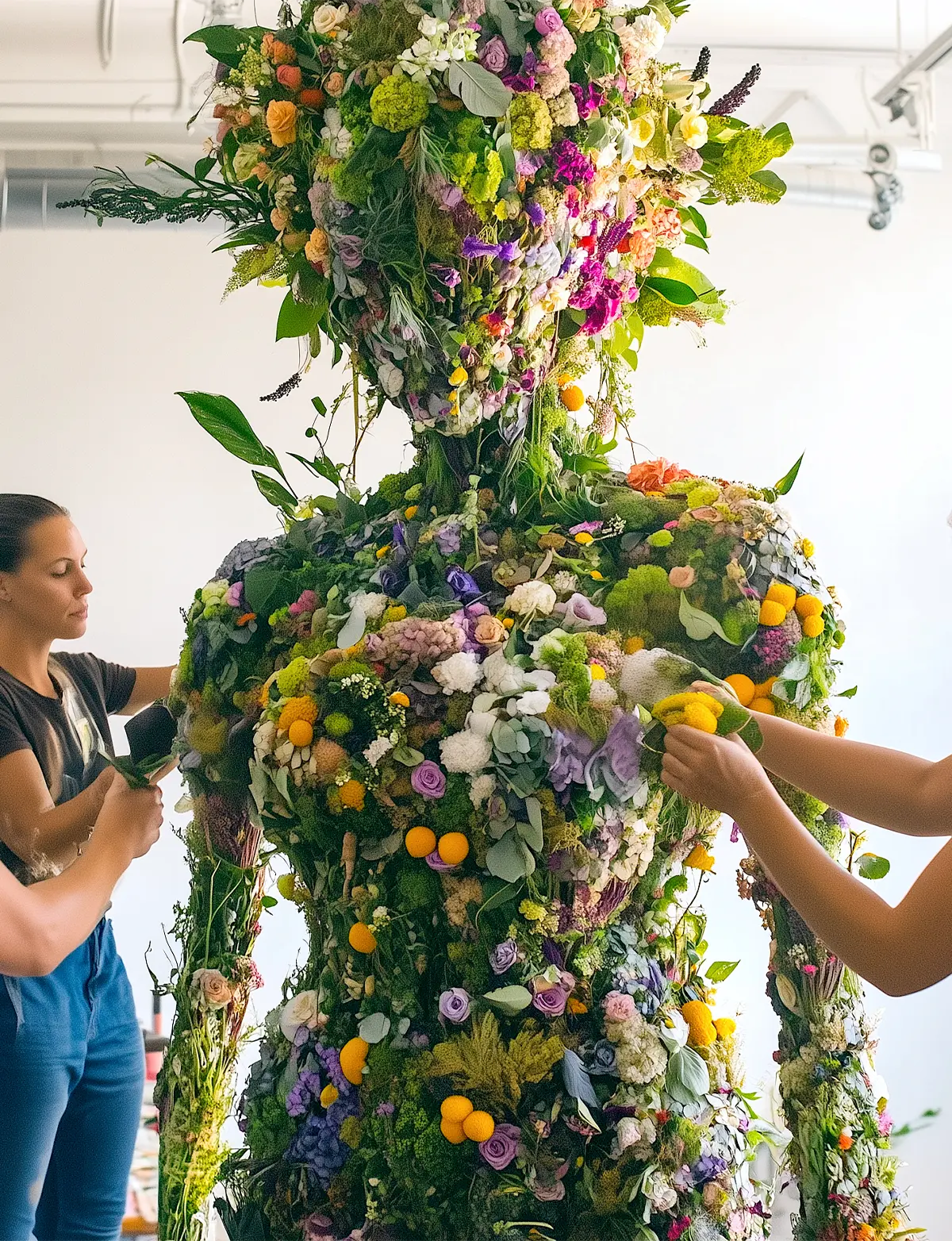 Volunteers creating a large puppet figure made entirely of colorful flowers, plants and organic materials with flowing ribbons, for Rowen environmental initiative