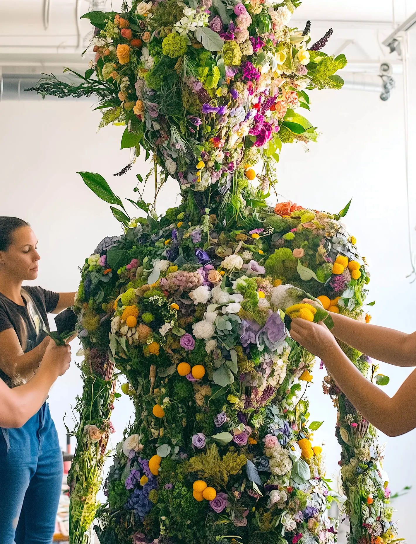 Volunteers creating a large puppet figure made entirely of colorful flowers, plants and organic materials with flowing ribbons, for Rowen environmental initiative