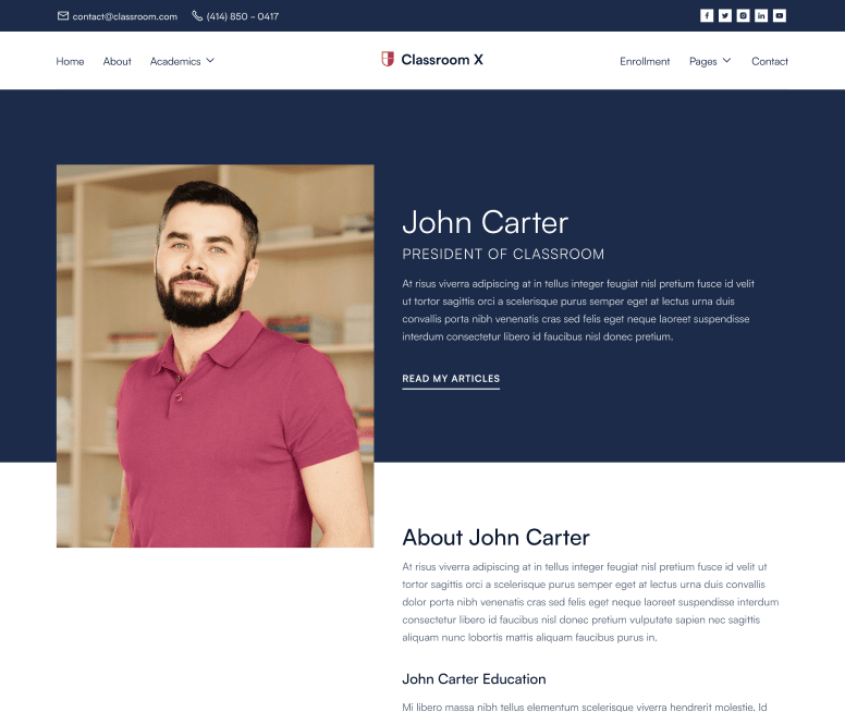 Classroom X - Teacher Page - Home Page - University Webflow Template