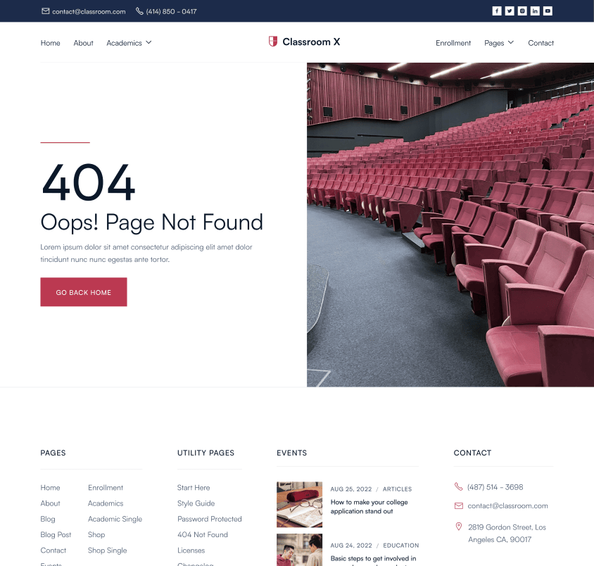 Classroom X - 404 Page - Home Page - University Webflow Template