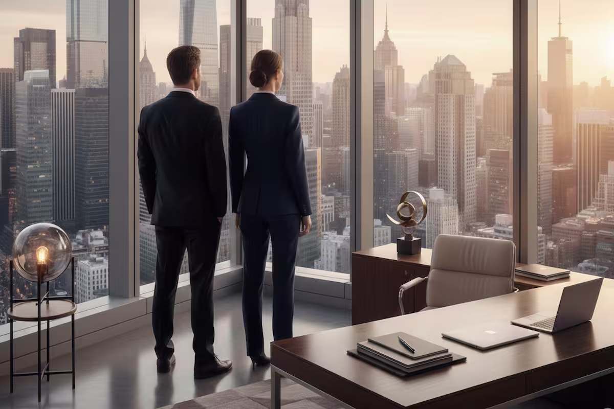 Dirigeants observant une skyline depuis un bureau haut de gamme, symbolisant la préparation stratégique et l’anticipation nécessaire avant la cession d’entreprise.