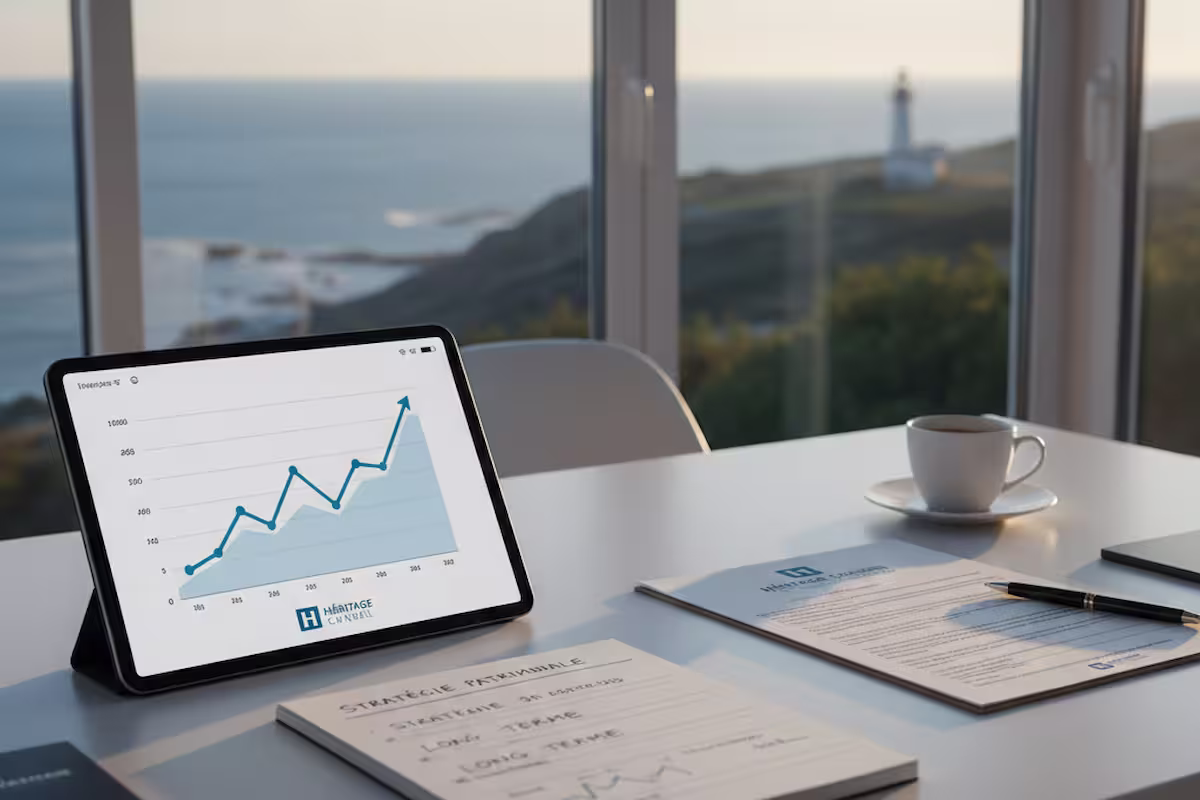 Bureau moderne avec documents de conseil patrimonial et tablette affichant des graphiques de croissance financière.