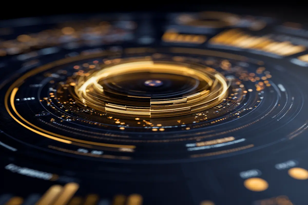 Visualisation abstraite d’une allocation patrimoniale et financière, avec interfaces circulaires lumineuses symbolisant diversification, marchés et stratégie d’investissement.