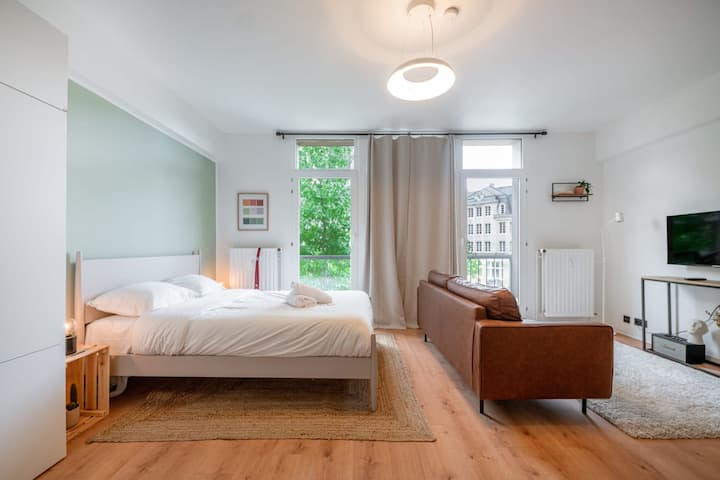Wide studio view with bed, sofa and window, bright flooring