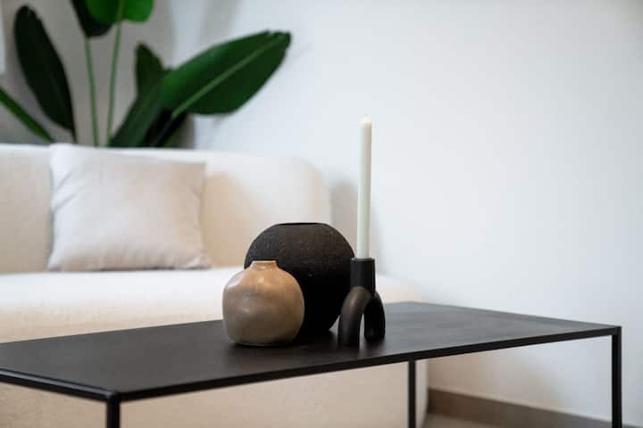 Planta decorativa junto a sofá cinza, sala luminosa