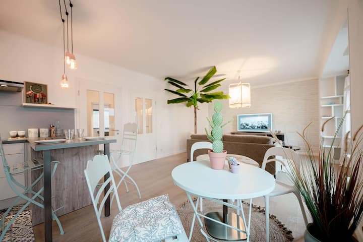 Sala com mesa de jantar e plantas, luz natural