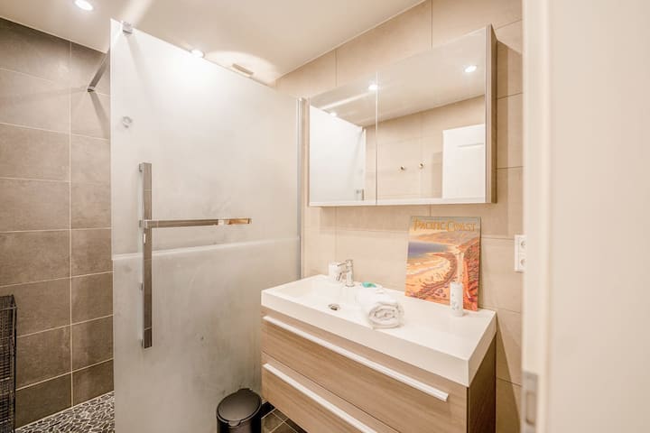 Casa de banho com duche e resguardo de vidro