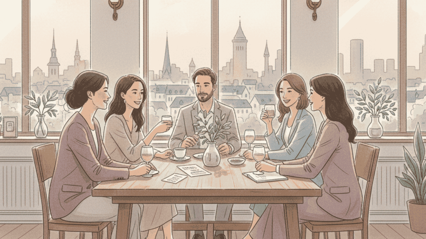 Professionals chatting over drinks at a table with Luxembourg's skyline behind them for the March expat events guide