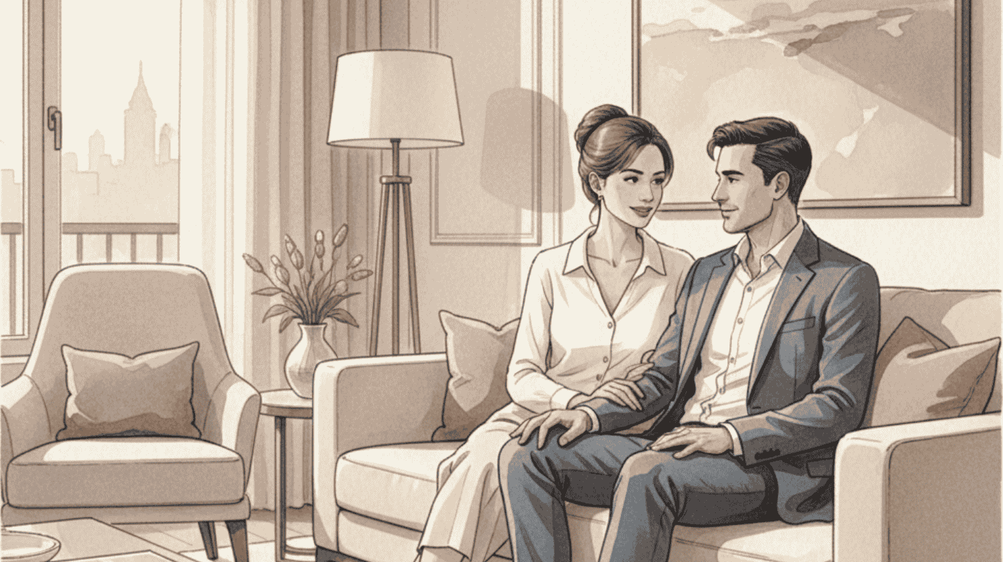 Couple relaxing on a sofa in a furnished apartment with a city view, settling in after relocating to Luxembourg