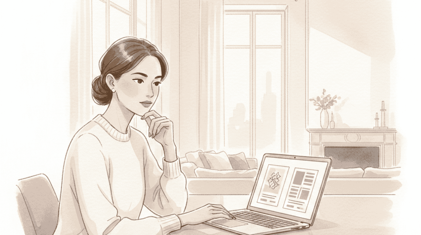 Watercolor of a woman carefully reviewing online rental listings on a laptop to spot scams in Luxembourg