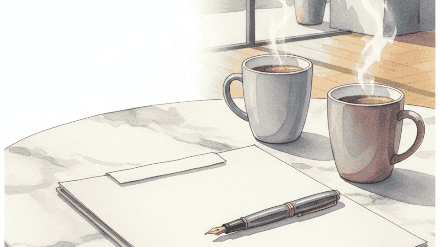 Two steaming coffee mugs, notes and a fountain pen on a marble table introducing the StaysCo Help Center guide