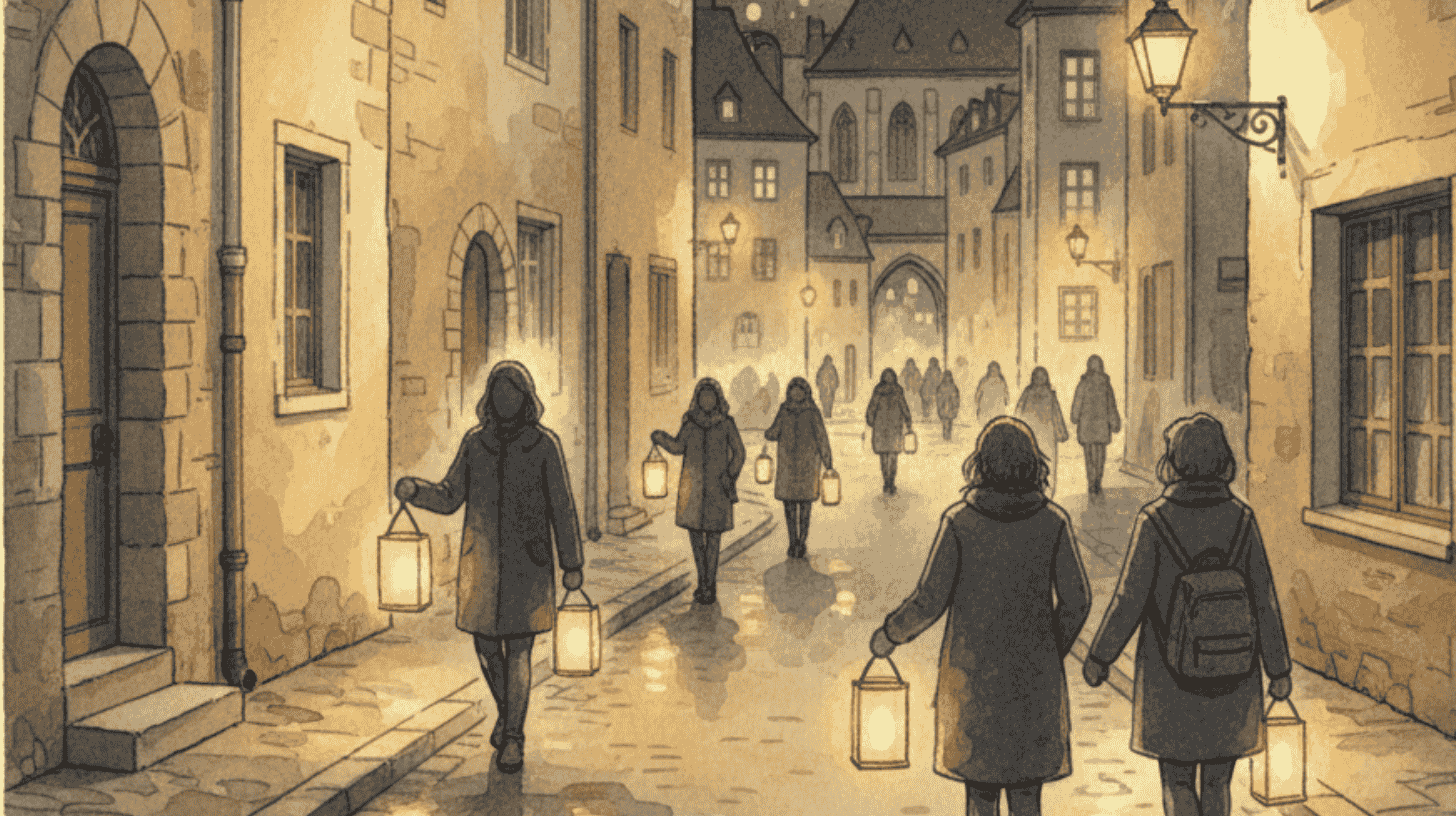 Watercolor of people carrying glowing lanterns through Luxembourg's old town at night for February expat events