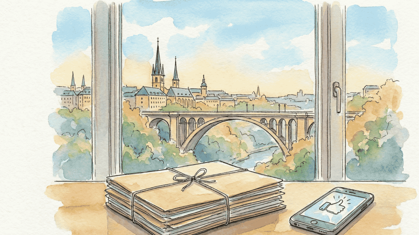 Bundled housing paperwork and a phone with a thumbs up by a window over Luxembourg, easing HR inbox chaos