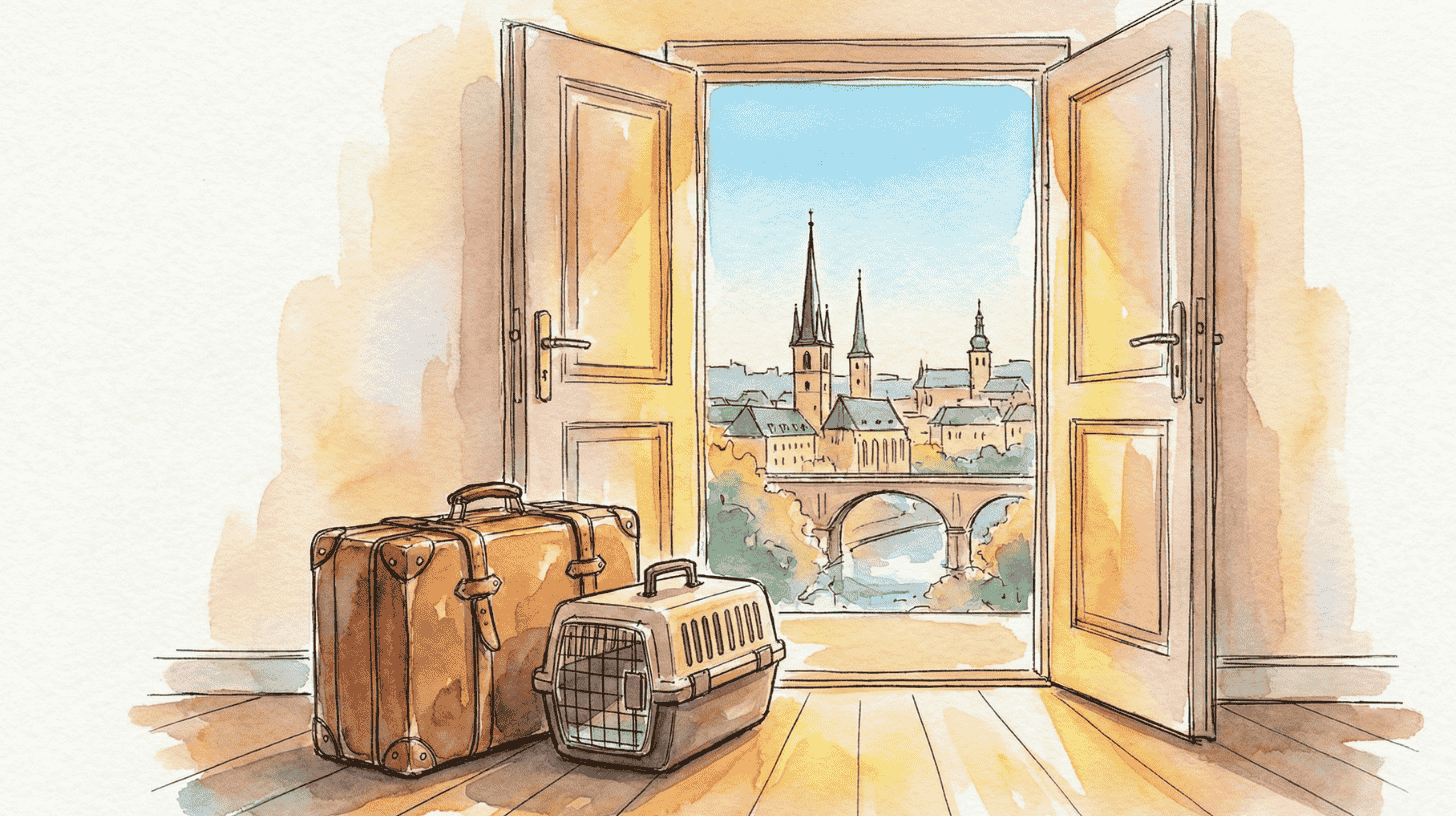 Suitcase and pet carrier by open doors with Luxembourg's spires beyond, set for a temporary stay after relocating