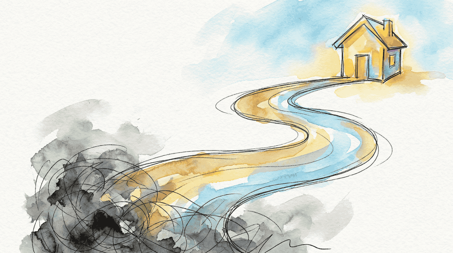 Winding golden path from a tangled scribble to a bright house, the journey after a StaysCo housing request