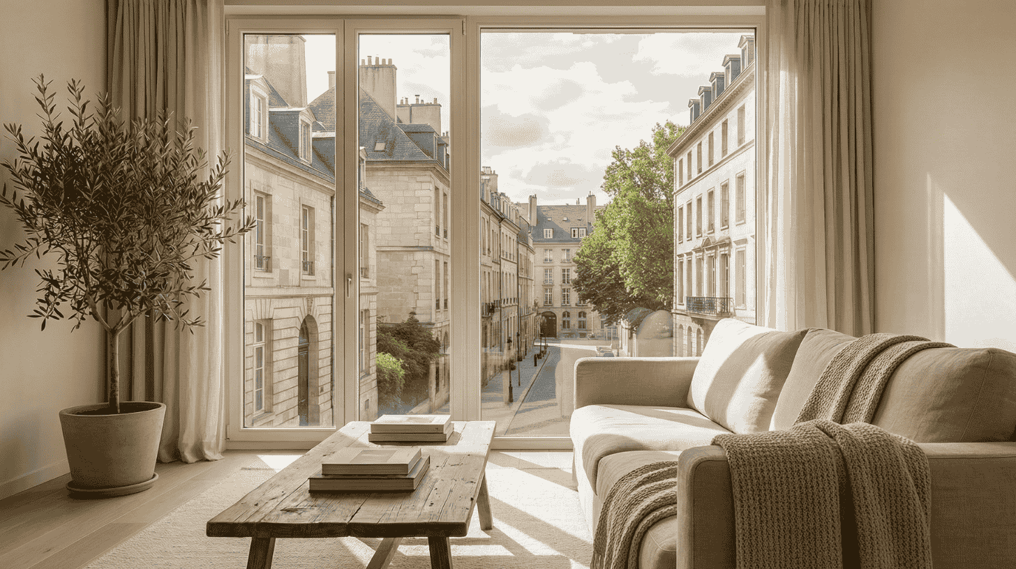 Sunlit furnished living room with large windows onto Luxembourg townhouses, ready for a temporary housing stay