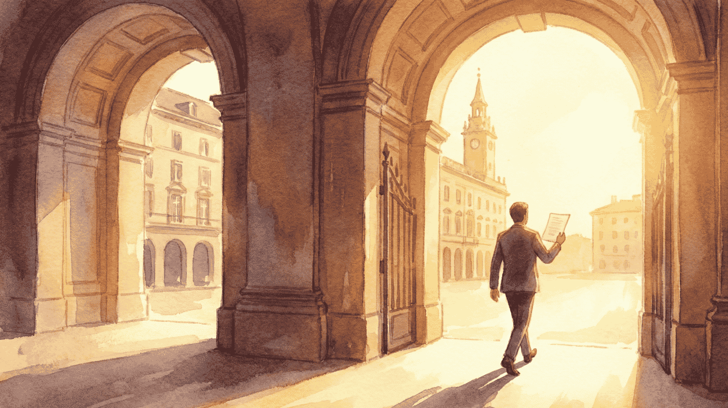 Man with registration papers walking through sunlit arches toward a Luxembourg town hall in warm watercolor