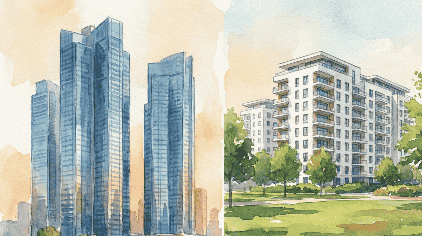Split watercolor of glass office towers beside leafy modern apartment blocks, contrasting Kirchberg and Cloche d'Or