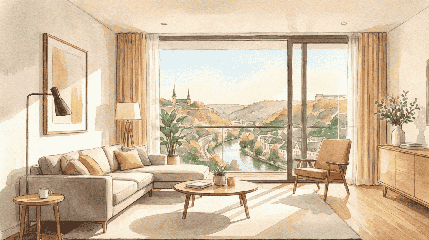 Warm watercolor living room with a window over Luxembourg's old town, setting the scene for renting costs