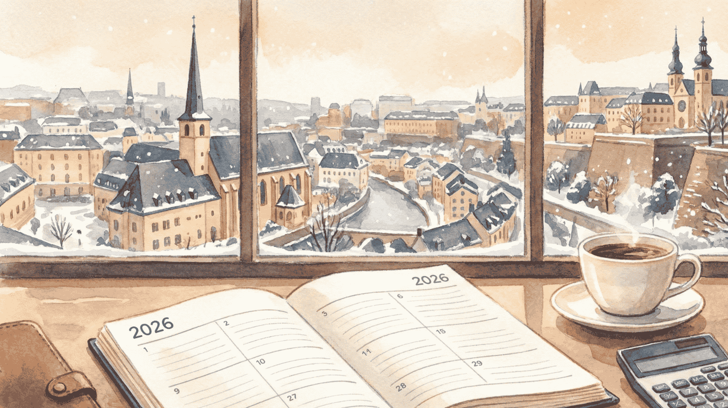 A 2026 planner and calculator by a window over snowy Luxembourg City, framing new year budget planning