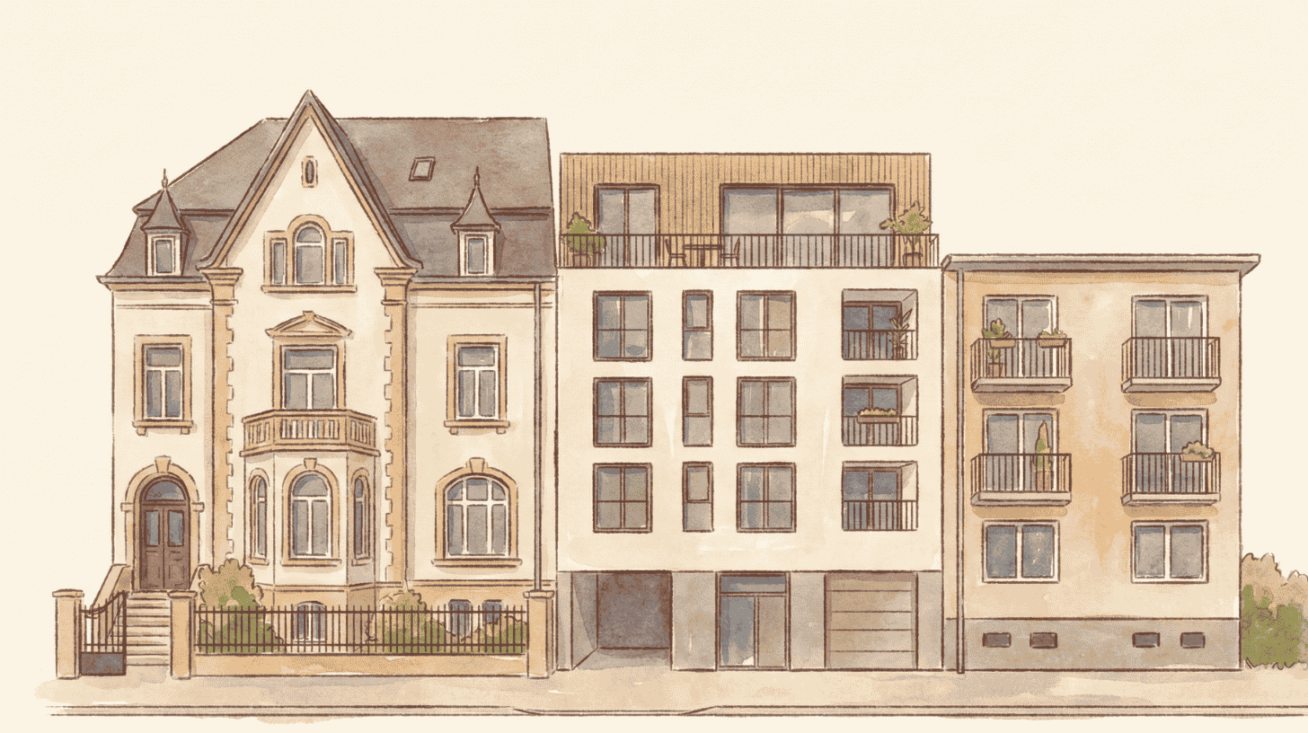 Watercolor row of three Luxembourg facades, from classic townhouse to modern blocks, comparing first home options