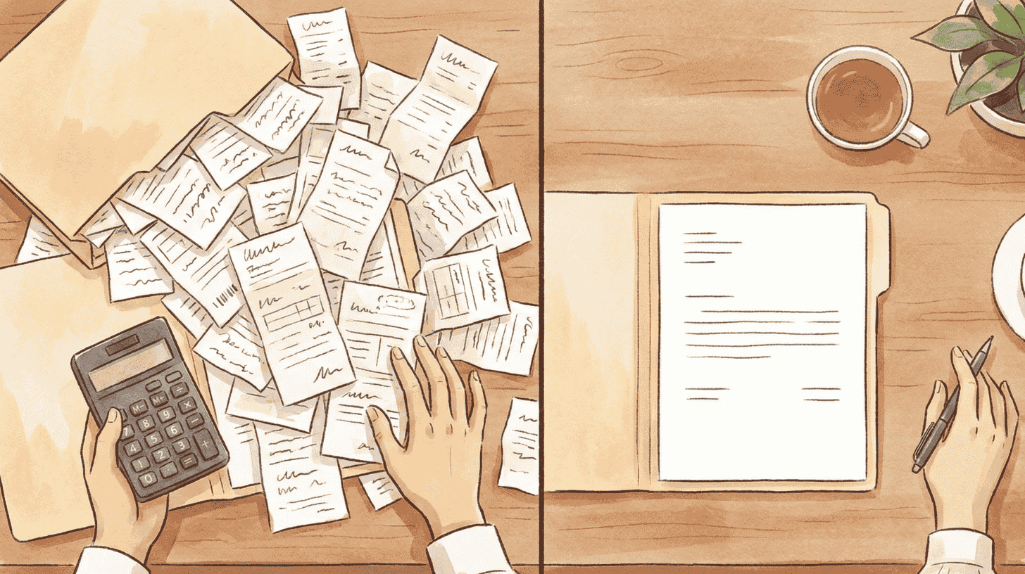 Hands sorting a pile of receipts with a calculator beside one tidy folder, comparing corporate housing and hotel costs