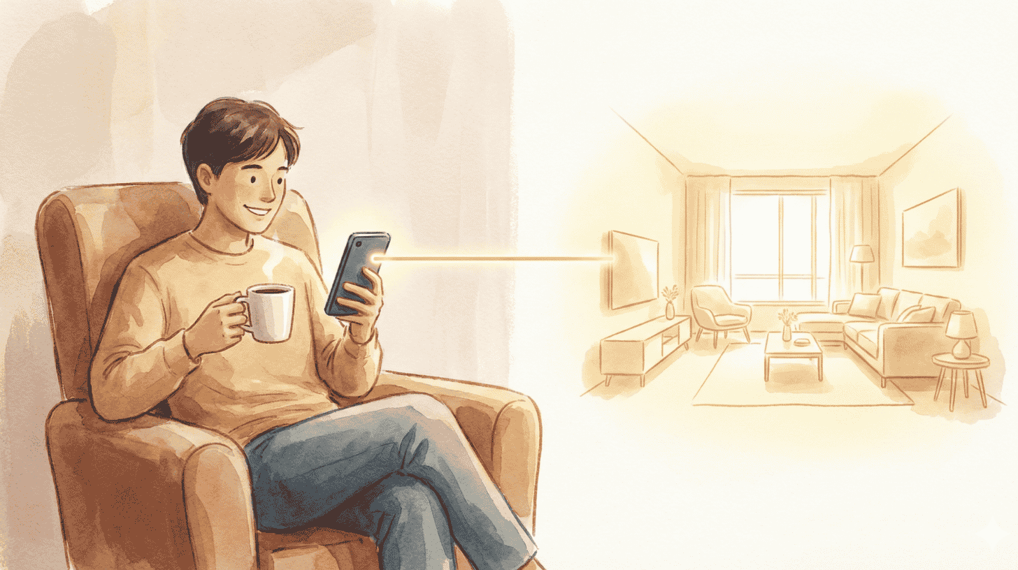 Relaxed man in an armchair booking a furnished flat by phone, hinting at AI simplifying temporary housing