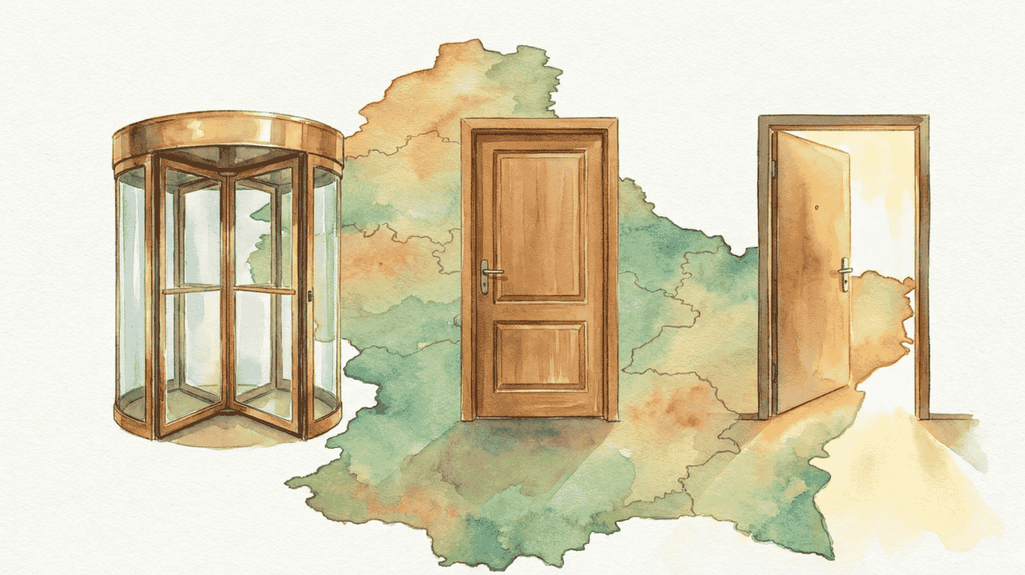 Three doors over a Luxembourg map, a hotel revolving door, a home door and an open flat door, comparing stay options