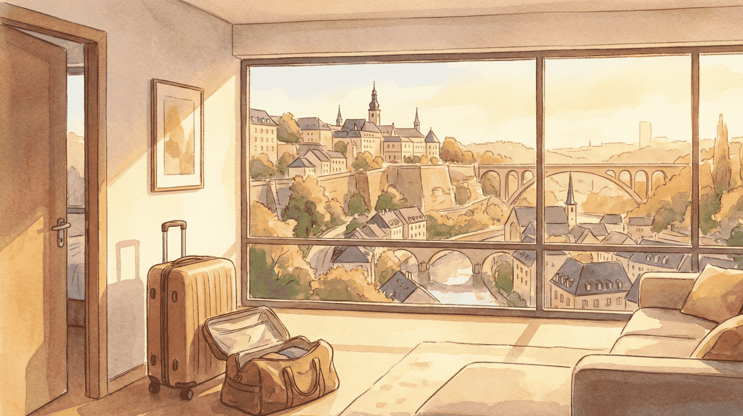 Suitcase and travel bag in a furnished flat with a wide view of Luxembourg's old town, marking a fresh arrival