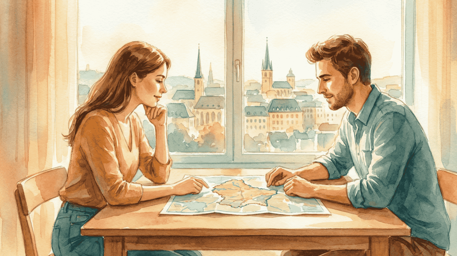 Couple studying a map of Luxembourg at a table by a city view window, weighing salary against rent