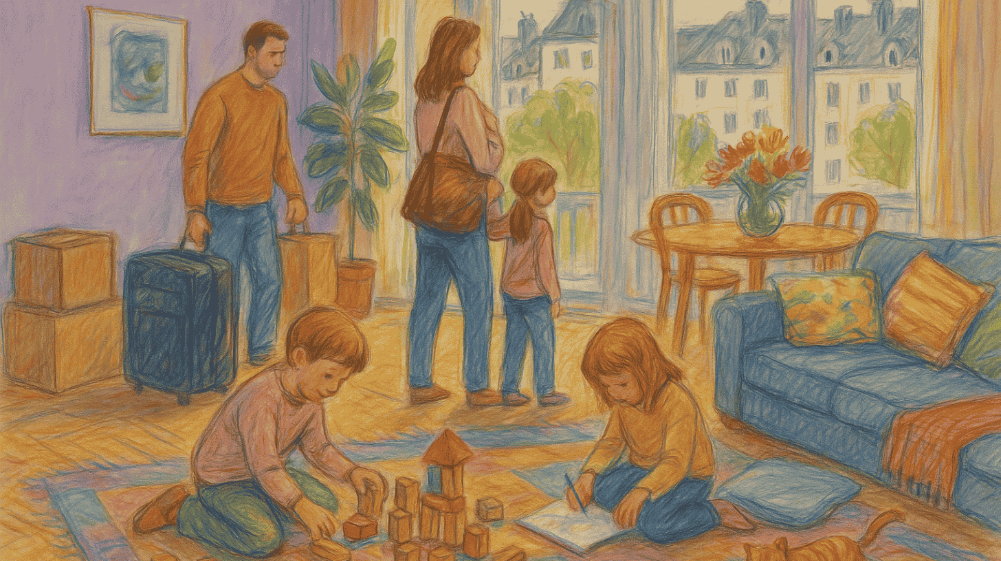 Family arriving with suitcases while children play with blocks in a furnished living room in Luxembourg