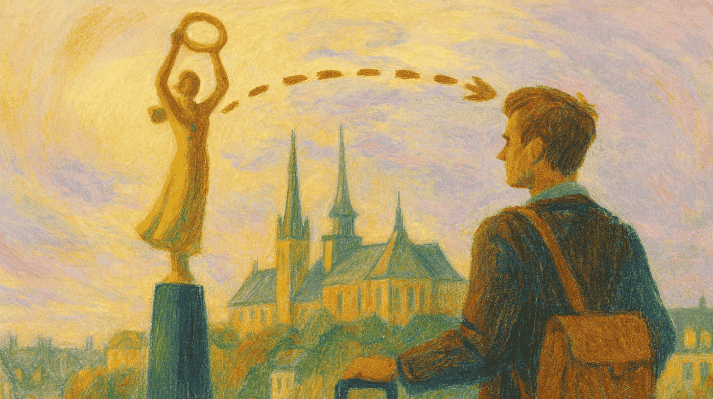 Newcomer with a backpack and suitcase gazing at Luxembourg's Golden Lady statue, starting his relocation journey