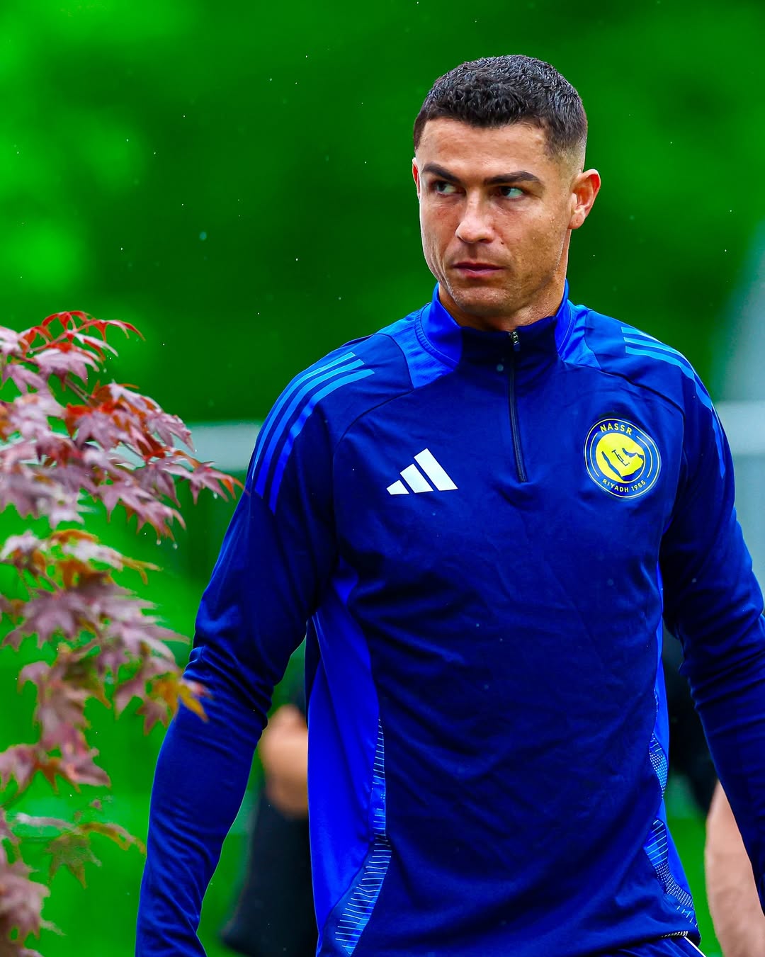Imagen de Cristiano Ronaldo mirando hacia el futuro, vestido de amarillo y azul