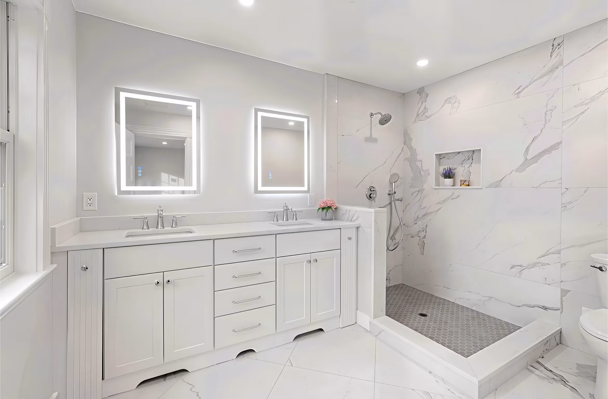 Modern white bathroom with double sink, LED mirrors, walk-in shower, and marble-patterned tiles.
