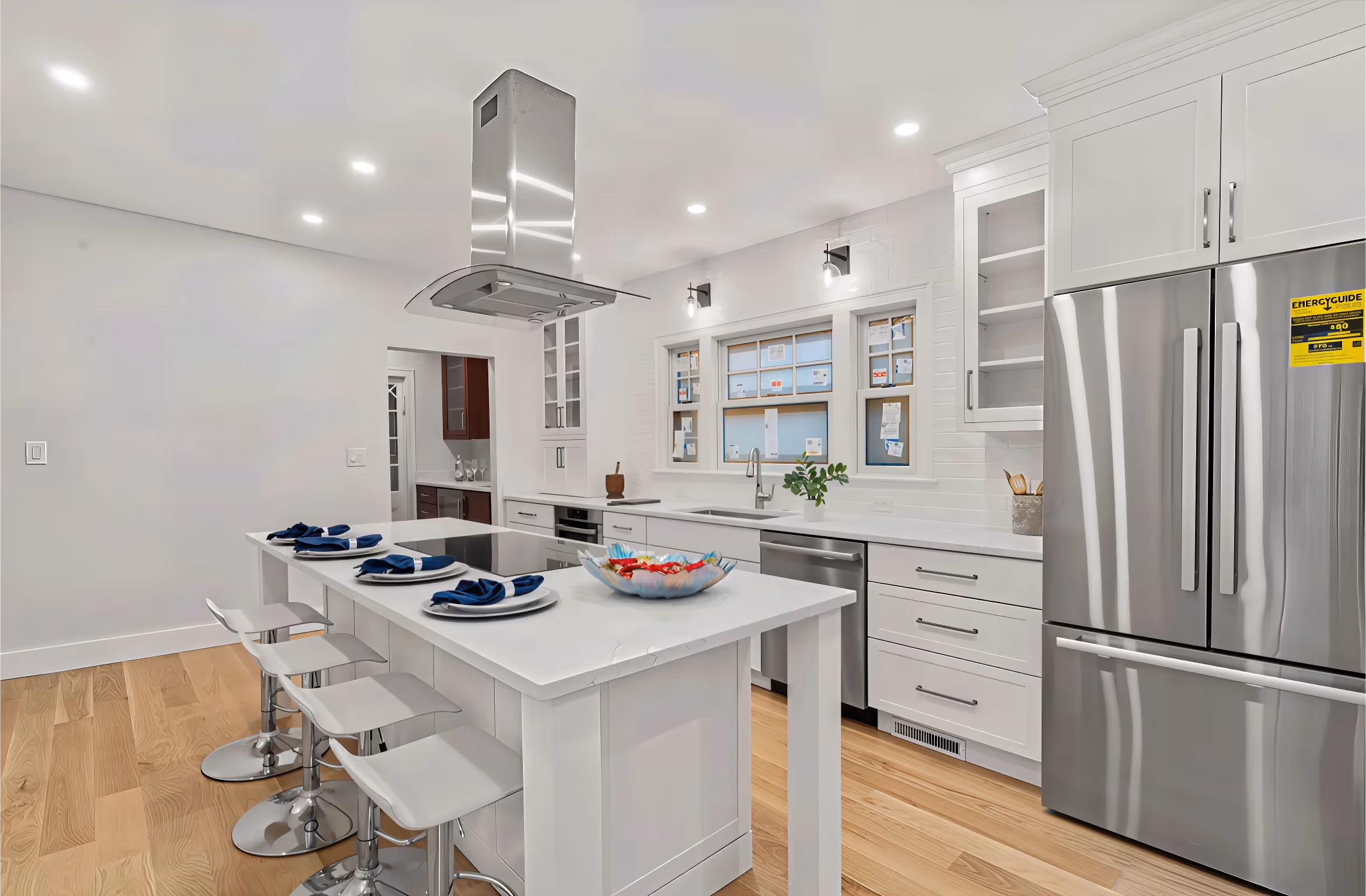 Expert design shines in this modern white kitchen with island, three barstools, stainless steel appliances, and wooden floors.