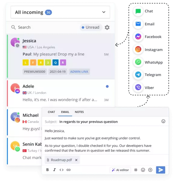 HelpCrunch showcasing unified communication channels in a single dashboard interface.