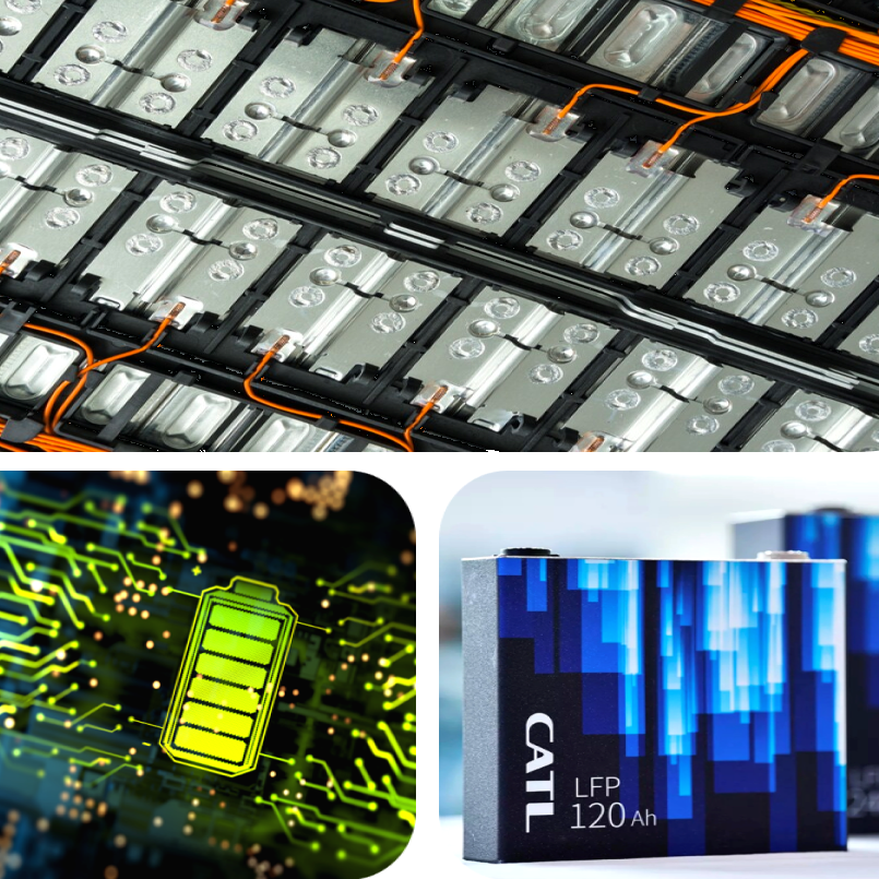 A collage of 3 battery-related images: A close-up of a wired-in battery pack, a neon "battery full" icon on a screen image surrounded by computer-chip-esque lines, and a single LFP battery with the brand name CATL emblazoned on it alongside a crystalline light blue pattern.
