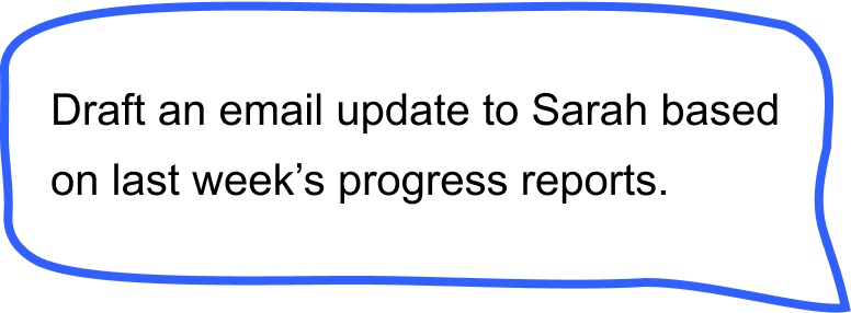 Callout: “Draft an email update to Sarah based on last week’s progress reports.”


