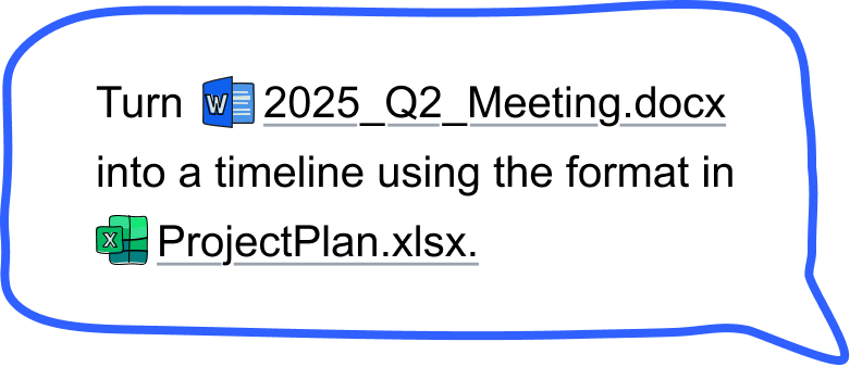 Callout: “Turn 2025_Q2_Meeting.docx into a timeline using the format in ProjectPlan.xlsx.”

