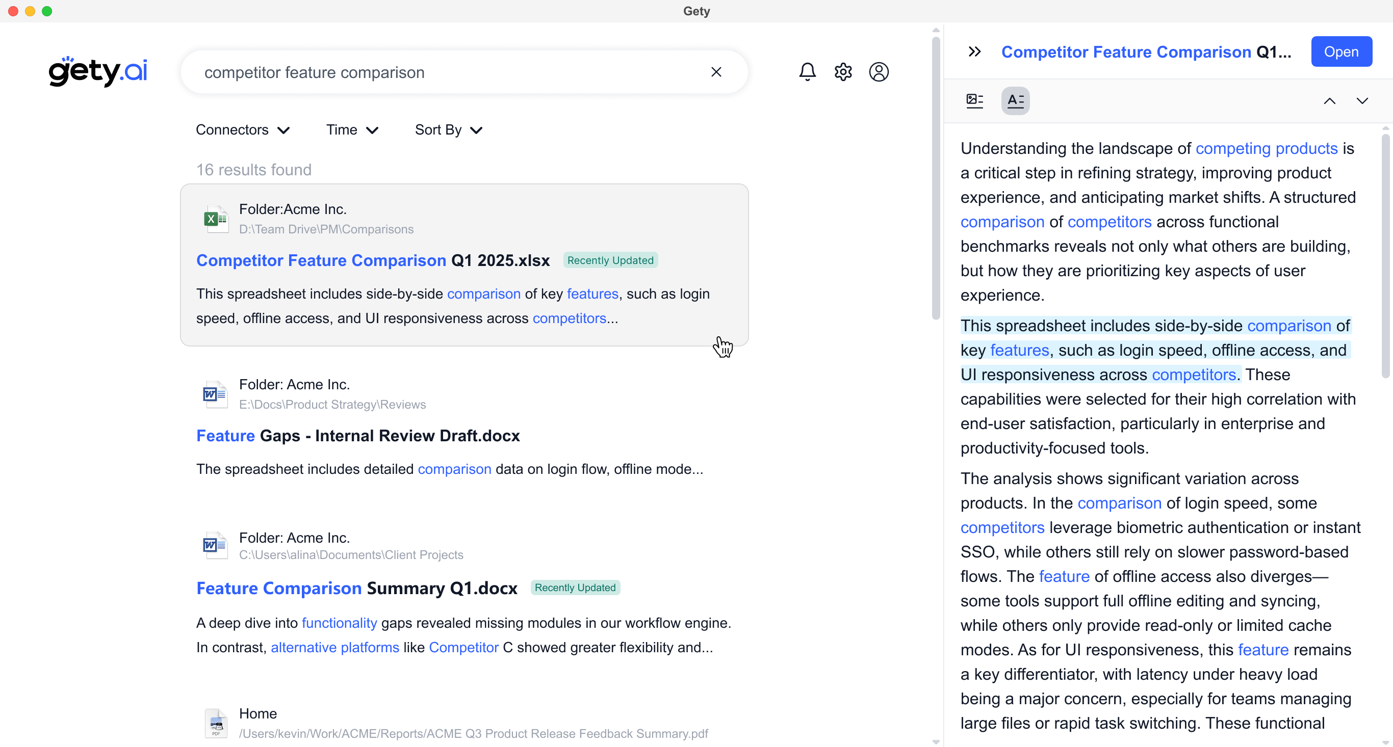 Gety local file search results for “competitor feature comparison”, showing an Excel file preview with highlighted text about key feature comparisons.