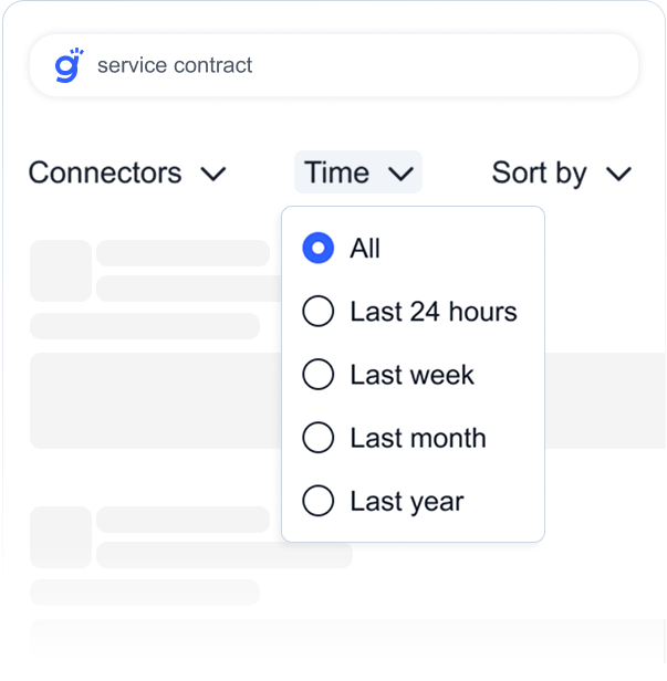 Gety search filters interface with dropdowns for connectors, time (e.g. last 24 hours), and sort order, enabling fast result refinement.