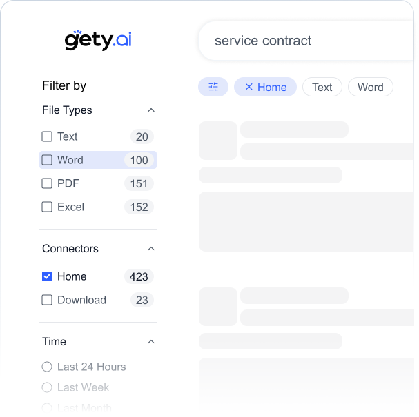 Gety search filters interface with dropdowns for connectors, time (e.g. last 24 hours), and sort order, enabling fast result refinement.