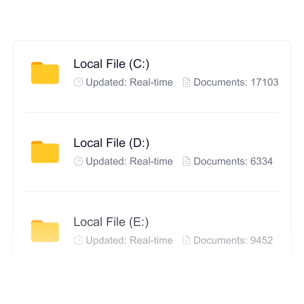 Gety full-disk indexing view showing real-time document counts for drives C, D, and E — enabling instant, system-wide file search.